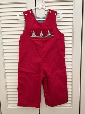 Red Holiday Tree Smocked Jumper Reversible to Green Gingham